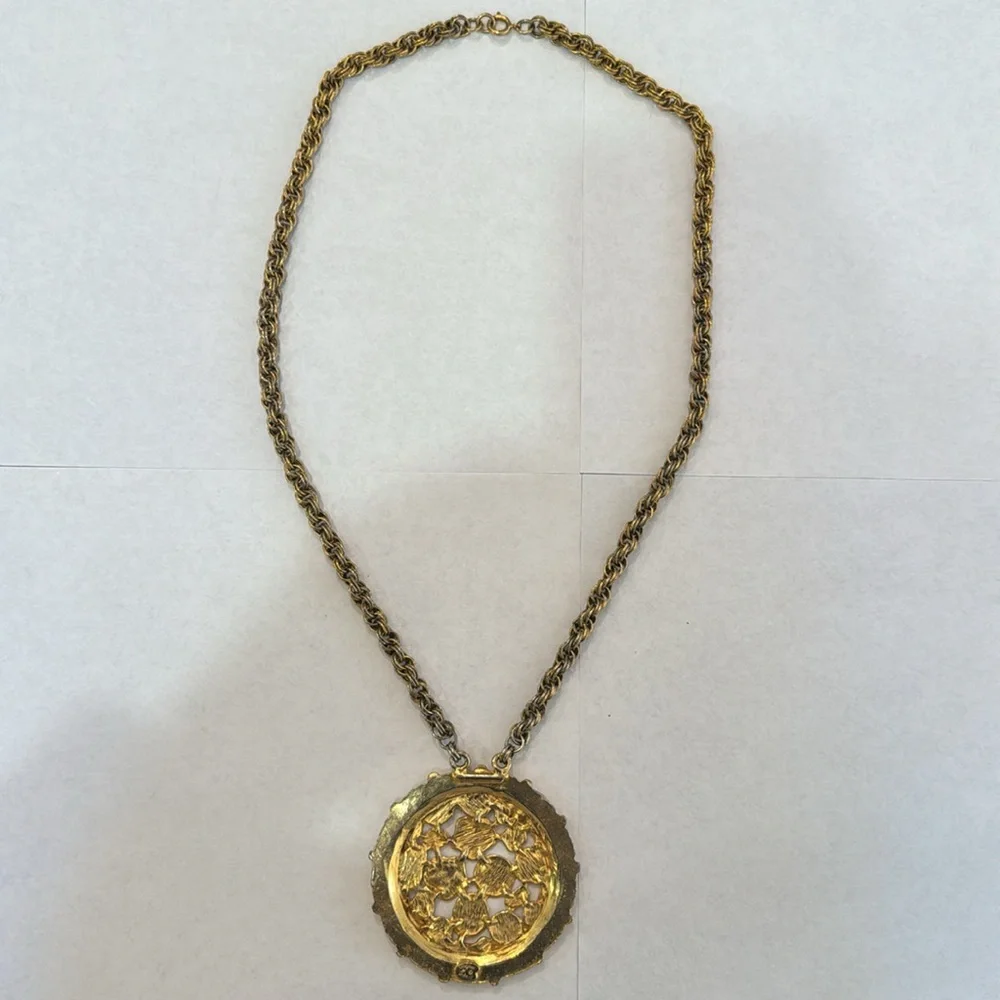 💗ORIGINAL BY‎ ROBERT LARGE GOLD PENDANT  WHITE ENAMEL LONG BYZANTINE ROPE CHAIN